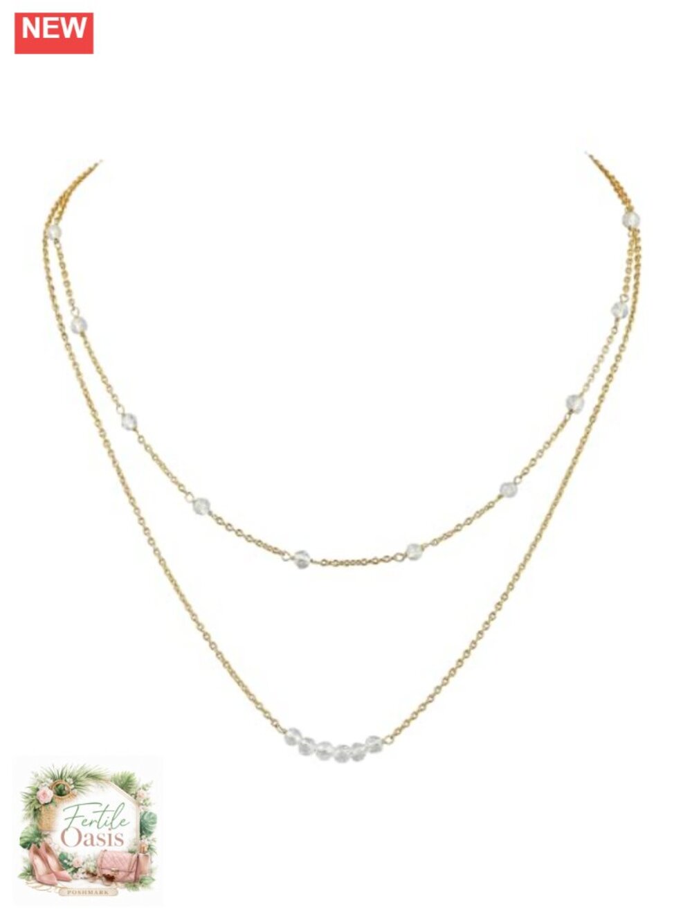 14k Gold Plated 2-Layer Clear Quartz Gemstone Bead Choker Necklace for Women